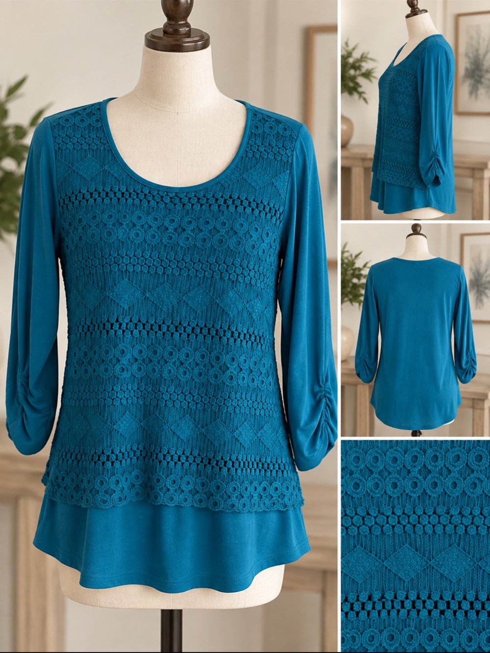 Studio Works Teal Crochet Lace Tunic Top XL – 3/4 Sleeve Boho